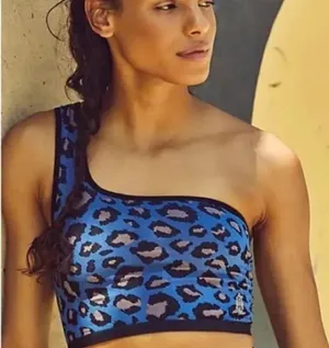 Free People Movement Free Throw One Shoulder Crop Top Spotted Leopard Blue XS/S thumbnail 3