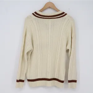 Unbranded Sweater Womens M V-Neck Cable Knit Cream Brown Preppy Excellent thumbnail 3