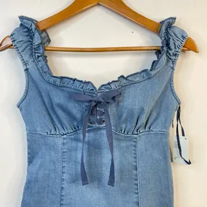 Urban Outfitters Nayda Denim Ruffle Lace up Stretch Mini Dress womens XS new thumbnail 6