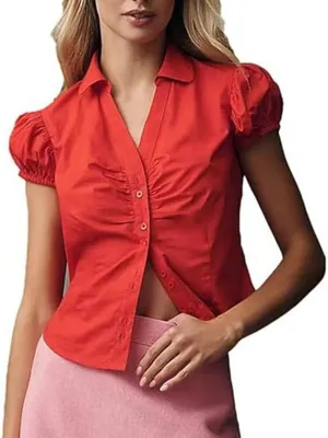 Anthropologie Maeve Red Short Puff Sleeve Ruched Blouse L thumbnail 1