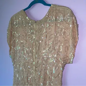 Vintage Size M Pastel Peach Silk Sequin Ball Gown Formal Dress Modest Hoco Prom thumbnail 8
