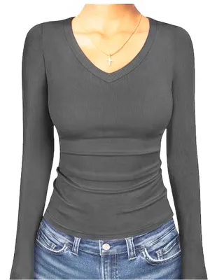 Long-Sleeve Ribbed V-Neck Slim Fit Top Gray Lightweight Fitted Casual Shirt Sz M thumbnail 1