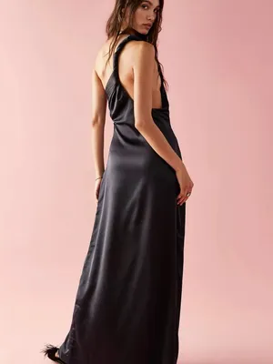 Free People Black Satin One Shoulder Maxi Dress Size 12 Formal Gown thumbnail 4