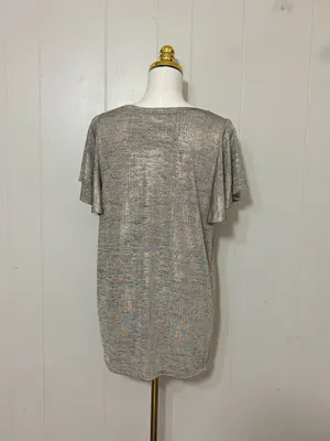 By Anthropologie Shimmer Knit Flutter Sleeve Metallic Top Silver XL thumbnail 7
