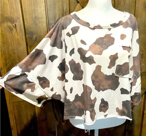 NWT Peach Love California Brown and White Crop Fringe Cow Print Tee thumbnail 1