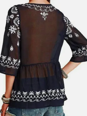 Free People Black and White Sheer Embroidered Peasant Blouse - Size - Medium thumbnail 3