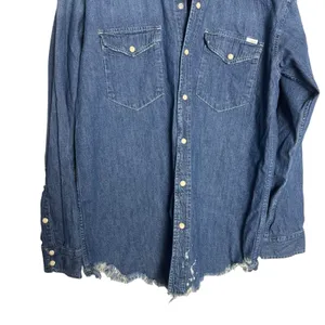Mother The Western Cowgirl Blue Denim Jean Long Sleeve Button Raw Hem S thumbnail 5