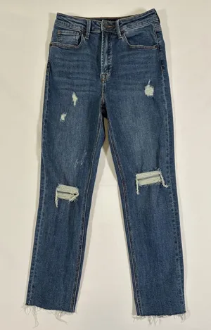 Risen Los Angeles Womens Distressed Straight Leg Jeans Medium Wash Raw Hem 5 thumbnail 1