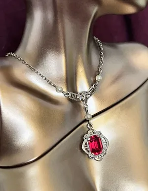 10K Gold 13” Red Stone/Pearl Drop Necklace thumbnail 1