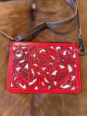 NEW Western Tooled Leather Crossbody Bag - Red & White thumbnail 3
