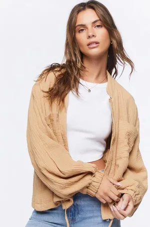 Cotton Crinkle Knit Bomber Jacket Size M thumbnail 1