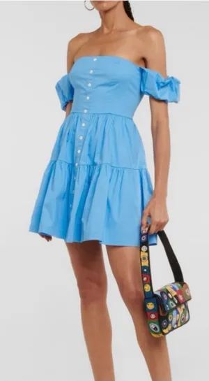 STAUD Blue Off-Shoulder Button-Front Tiered Mini Dress thumbnail 1
