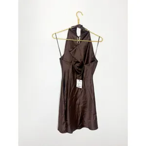 NWT Zara Brown Satin Jewelry Back Mini Dress Size Small High Neck Cocktail thumbnail 13