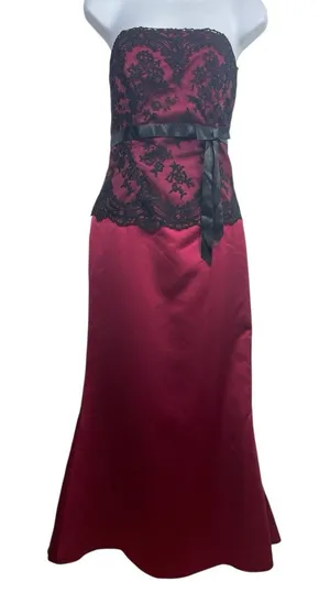 VTG Alexia Burgundy Black Lace Strapless Formal Maxi Dress 10 90s Whimsigoth Y2K thumbnail 1