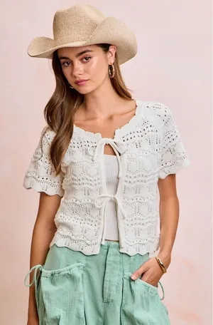 BiBi Front Bow Tie Detail Pointelle Knit Top - Ivory - XL thumbnail 1