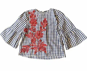 Zara Sz S Embroidered Gingham Checked Blouse Bell Sleeve Blue Red Statement Top thumbnail 1