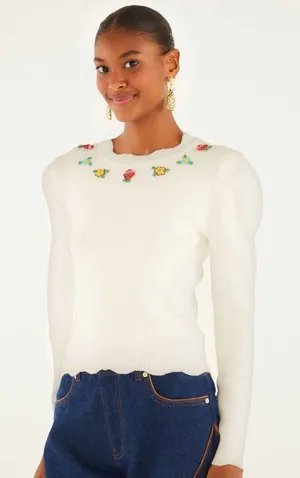 Farm Rio Off-White Flower Embroidery Knit Top S thumbnail 1