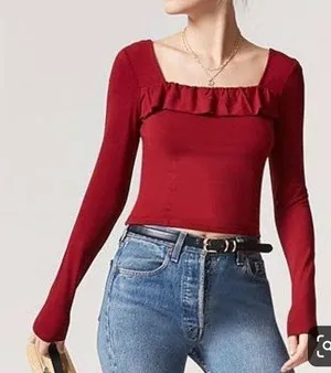 Forever 21 Ruffled Red Crop Top Square Neck thumbnail 1
