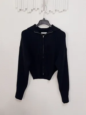 Zenana Black Ribbed Knit Two Way Zip Up Sweater Jacket Oversized Collar Cardigan thumbnail 5