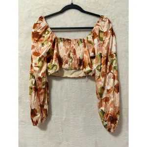 Abercrombie & Fitch Floral Satin Crop Top Medium Long Sleeve Blouse Orange thumbnail 5