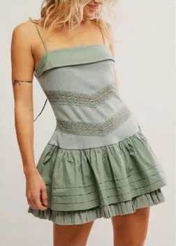 Free People Bliss Beauty Mini Dress Lily Pad Blue Green Lace Tiered Size L NWT thumbnail 1