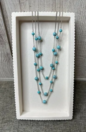 Layered Turquoise Bead Necklace w/ Silver Chain Adjustable Length Women Fashion thumbnail 1
