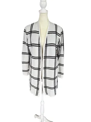 Loft Petite black and off white striped long sleeve open cardigan sweater MP thumbnail 5