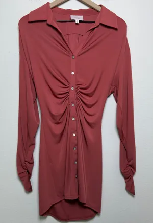 Cinq a Sept Women Arden‎ Mini Shirt Dress XS Sumac Ruched Jersey Knit Date Event thumbnail 1