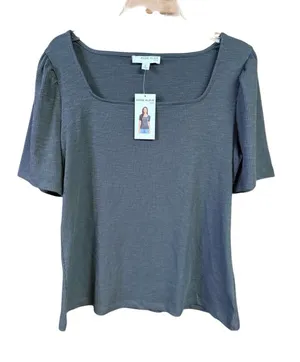 Anne Klein Ribbed Square Neck Knit Top Gray Sz L NWT thumbnail 1
