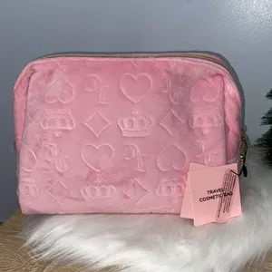Juicy Couture Heart Logo Pink Velour Pressed Pattern Cosmetic Travel Bag NWT thumbnail 2