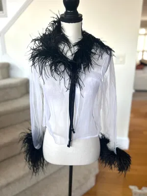 Y2K White Sheer & Black Feather Trim Tie Cardigan Cher Clueless Whimsygoth thumbnail 1
