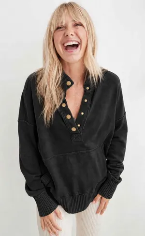 Aerie M Oh Snap Weekend Henley Mockneck Sweatshirt Oversized Relaxed Fit Black thumbnail 1
