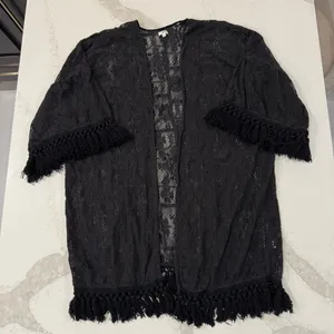 Aerie Crochet Lace Fringe Hem Kimono Women’s M/L Black Floral Swim Coverup Boho thumbnail 5
