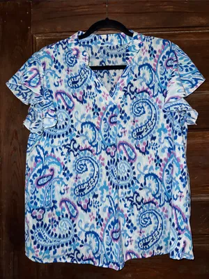 SHEIN Blue Paisley V-Neck Flutter Sleeve Blouse thumbnail 1
