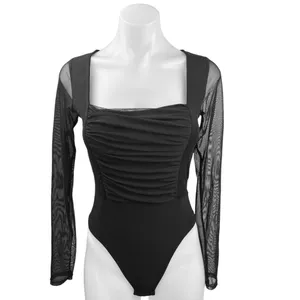 Nasty Gal Black Mesh Long Sleeve Ruched Square Neck Thong Bodysuit Top Size 4 thumbnail 4
