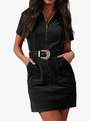NEW Black Corduroy Zip Up Mini Dress S NO BELT thumbnail 1