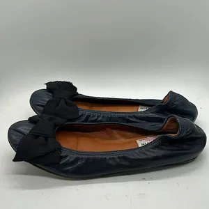 Lanvin Paris Navy Blue Leather Black Bow Ballet Flats Shoes **Size 37.5/US 5.5** thumbnail 4