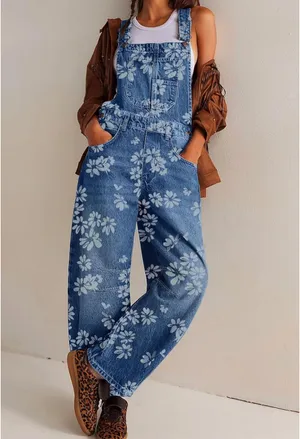 Floral denim overall baggy barrel jeans thumbnail 2