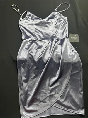 Lulu's Satin Mini Slip Dress in Slate Blue thumbnail 1