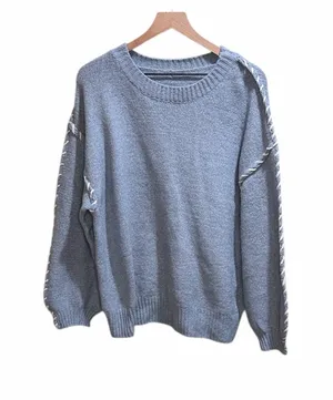 Women’s Large Oversized Cozy Blue Sweater with White Accents thumbnail 1