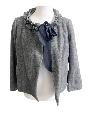 J Crew SZ 4 Women’s Cheshire Ruffle Tie Neck Jacket in Black/White Herringbone thumbnail 1