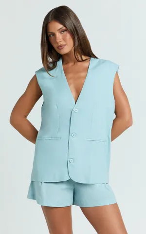 Showpo New Marlee Two Piece Set Linen Look Button Through Vest & Shorts MSRP $109 thumbnail 2