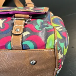 Lily Bloom Multicolor Satchel Handbag‎ Geometric Floral Coated Canvas Brown Trim thumbnail 10