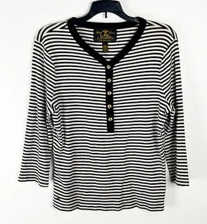 LAUREN RALPH LAUREN Black White Striped Long V-Neck Button Accent Top Large thumbnail 1