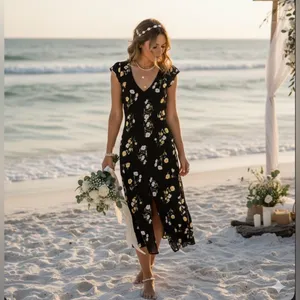 REFORMATION Black Floral Print WELLFLEET V-Neck Cutout Back Midi Dress thumbnail 2