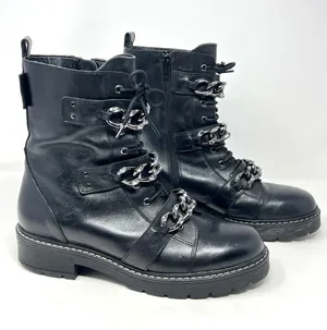 Kurt Geiger London Storm Chain Combat Moto Boots Black Leather EU 40.5 US 9.5 thumbnail 1