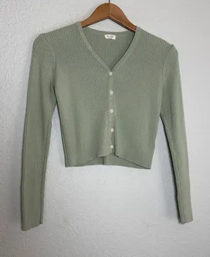 NEW John Galt Crop Sweater Brandy Melville Sage Green Ribbed V-Neck Button thumbnail 1