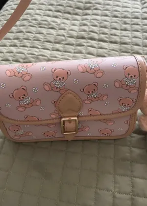 & Other Stories Pink Teddy Bear Print Crossbody Bag Gold Hardware Chain Strap Buckle Charm thumbnail 2