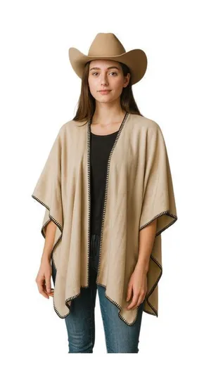 Denim & Company tan herringbone open poncho cape. Boho festival thumbnail 1