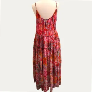 Free People Julianna Maxi Dress Small Red Floral Tiered Chiffon Sheer Boho Chic thumbnail 4